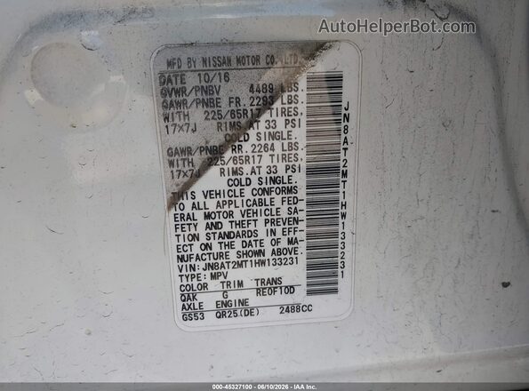 JN8AT2MT1HW133231 2017 NISSAN ROGUE White Engine compartment view