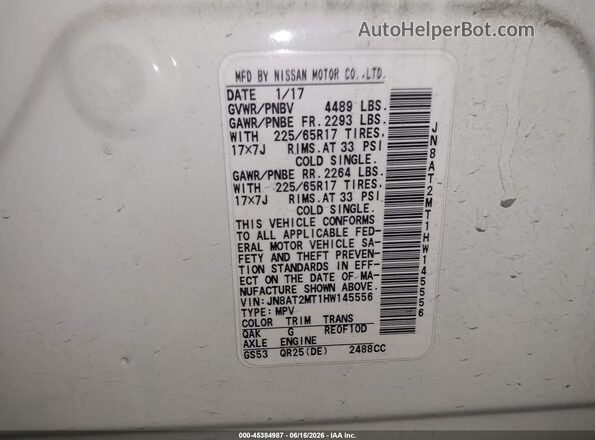 JN8AT2MT1HW145556 2017 NISSAN ROGUE White Engine compartment view