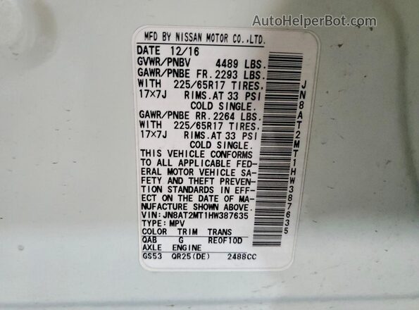 JN8AT2MT1HW387635 2017 NISSAN ROGUE White 
