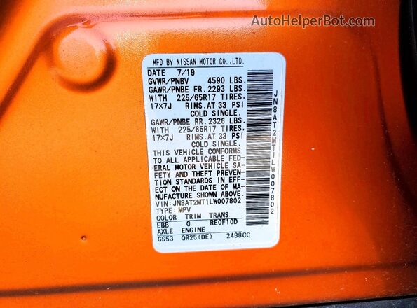 JN8AT2MT1LW007802 2020 NISSAN ROGUE Orange Vista interior de 360 grados