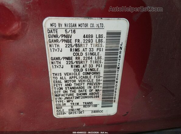 JN8AT2MT2GW005286 2016 NISSAN ROGUE Red ძრავის განყოფილების ხედი