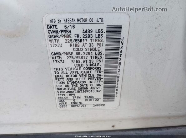 JN8AT2MT2GW013842 2016 NISSAN ROGUE Белый Вид подкапотного пространства