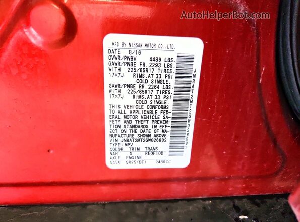 JN8AT2MT2GW026882 2016 NISSAN ROGUE Red Engine compartment view