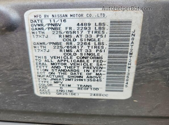 JN8AT2MT2HW135845 2017 NISSAN ROGUE Gray 