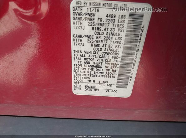 JN8AT2MT2HW384615 2017 NISSAN ROGUE Red Vista del compartimento del motor