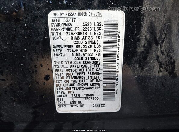 JN8AT2MT2JW462185 2018 NISSAN ROGUE Black Շարժիչի բաժամունքի տեսք