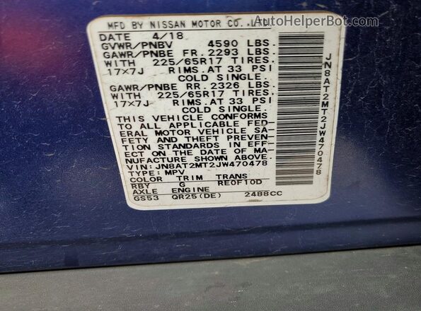 JN8AT2MT2JW470478 2018 NISSAN ROGUE Blue VIN կոդի պիտակի տեսք