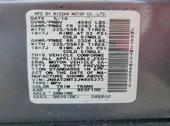 JN8AT2MT2JW485272 2018 NISSAN ROGUE Gray 