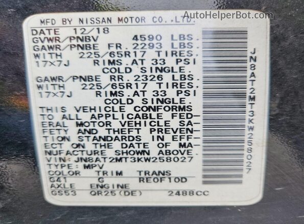 JN8AT2MT3KW258027 2019 NISSAN ROGUE Black Widok naklejki z numerem VIN