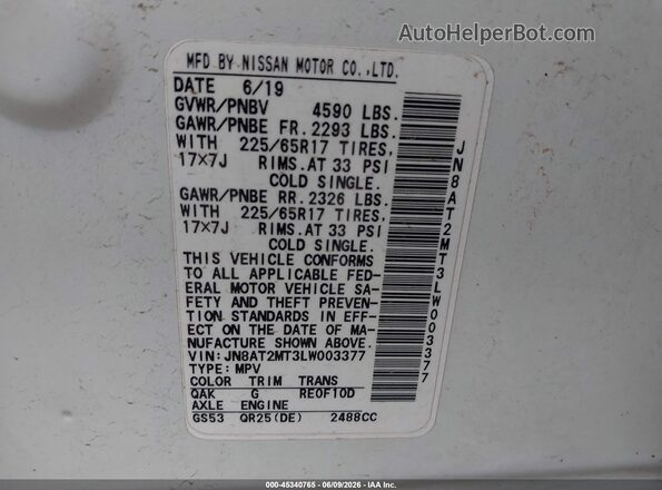JN8AT2MT3LW003377 2020 NISSAN ROGUE White Vista del compartimento del motor