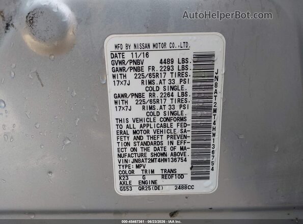 JN8AT2MT4HW136754 2017 NISSAN ROGUE Silver ძრავის განყოფილების ხედი