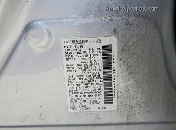 JN8AT2MT4HW390917 2017 NISSAN ROGUE Silver VIN կոդի պիտակի տեսք