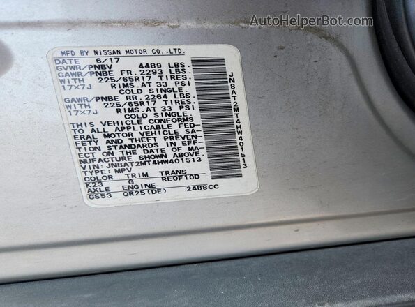 JN8AT2MT4HW401513 2017 NISSAN ROGUE Silver Widok naklejki z numerem VIN