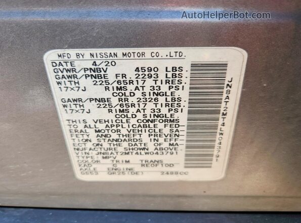 JN8AT2MT4LW043791 2020 NISSAN ROGUE Silver VIN sticker view
