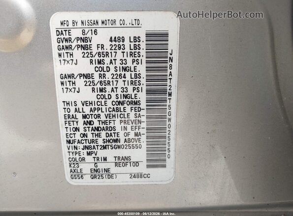 JN8AT2MT5GW025550 2016 NISSAN ROGUE Silver Engine compartment view