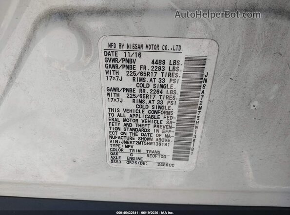 JN8AT2MT5HW136181 2017 NISSAN ROGUE White ძრავის განყოფილების ხედი