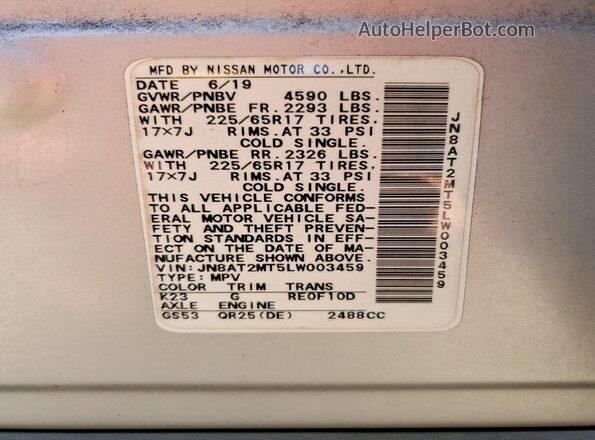 JN8AT2MT5LW003459 2020 NISSAN ROGUE Silver Սալոնի 360 աստիճան տեսք