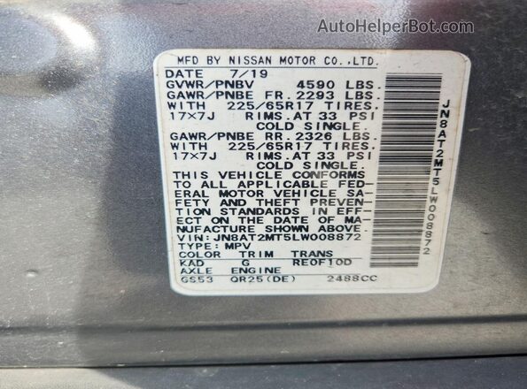 JN8AT2MT5LW008872 2020 NISSAN ROGUE Gray 