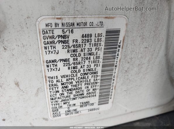 JN8AT2MT7GW004084 2016 NISSAN ROGUE White Engine compartment view