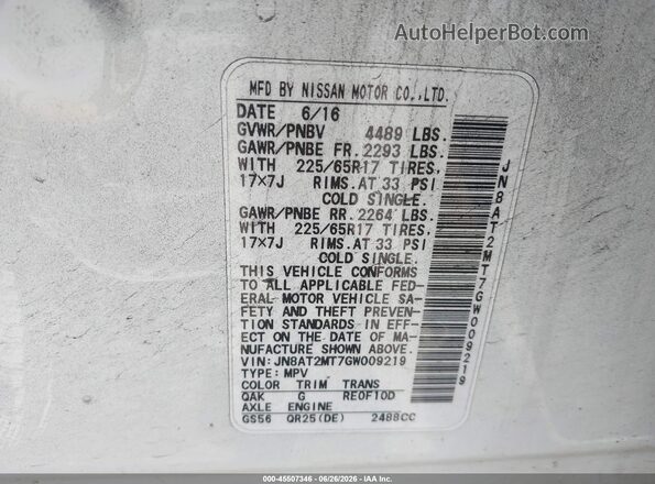JN8AT2MT7GW009219 2016 NISSAN ROGUE White Widok komory silnika