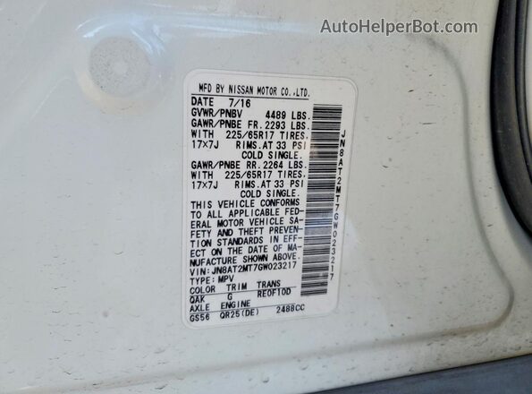 JN8AT2MT7GW023217 2016 NISSAN ROGUE White Вид наклейки з VIN-кодом