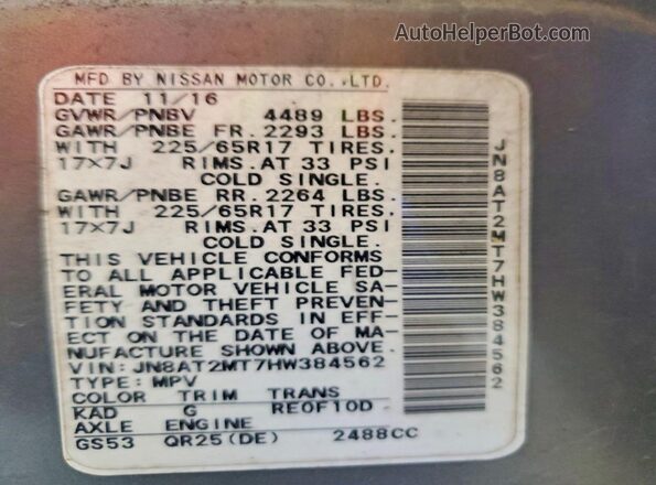 JN8AT2MT7HW384562 2017 NISSAN ROGUE Gray 