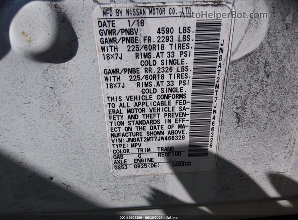 JN8AT2MT7JW466328 2018 NISSAN ROGUE Белый Вид подкапотного пространства