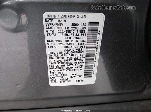 JN8AT2MT7LW011174 2020 NISSAN ROGUE Gray Շարժիչի բաժամունքի տեսք