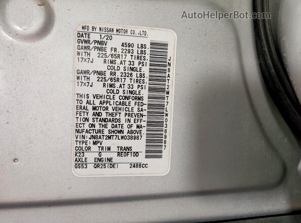 JN8AT2MT7LW038987 2020 NISSAN ROGUE Silver VIN კოდის სტიკერის ხედი