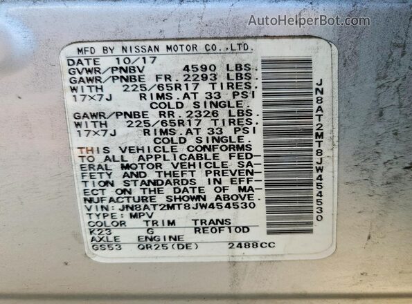 JN8AT2MT8JW454530 2018 NISSAN ROGUE Silver Вид наклейки з VIN-кодом