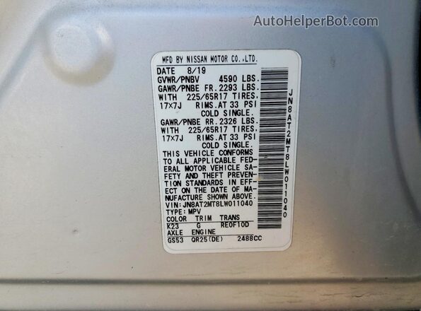 JN8AT2MT8LW011040 2020 NISSAN ROGUE Silver VIN sticker view