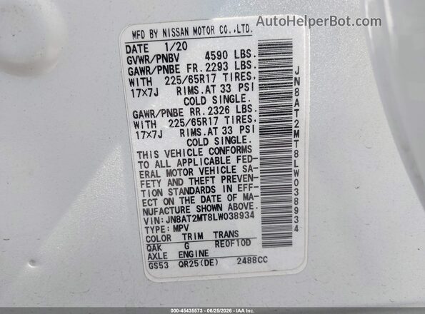 JN8AT2MT8LW038934 2020 NISSAN ROGUE White Widok komory silnika