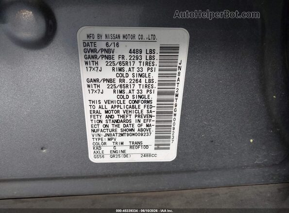 JN8AT2MT9GW009237 2016 NISSAN ROGUE Gray Widok komory silnika