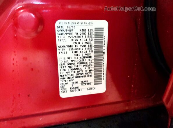 JN8AT2MT9HW381498 2017 NISSAN ROGUE Red Вид наклейки з VIN-кодом
