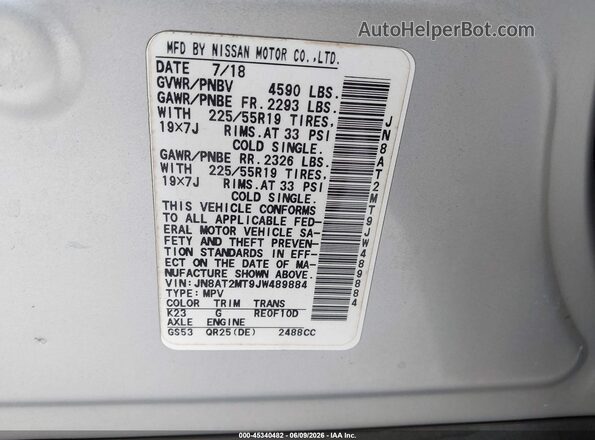 JN8AT2MT9JW489884 2018 NISSAN ROGUE Серебряный 