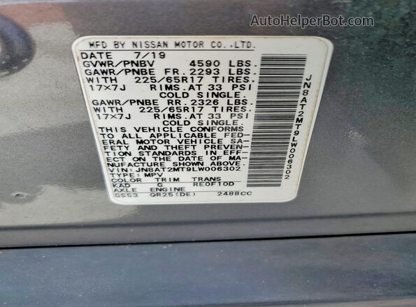 JN8AT2MT9LW006302 2020 NISSAN ROGUE Gray 