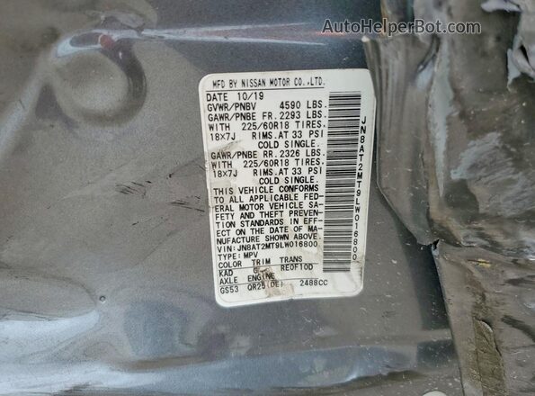 JN8AT2MT9LW016800 2020 NISSAN ROGUE Gray VIN კოდის სტიკერის ხედი