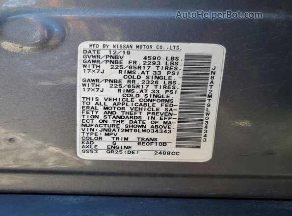JN8AT2MT9LW034343 2020 NISSAN ROGUE Silver VIN კოდის სტიკერის ხედი