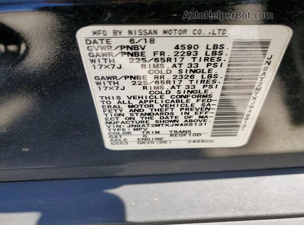 JN8AT2MTXJW488131 2018 NISSAN ROGUE Black VIN կոդի պիտակի տեսք