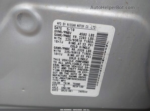 JN8AT2MTXKW268585 2019 NISSAN ROGUE Silver Vista del compartimento del motor