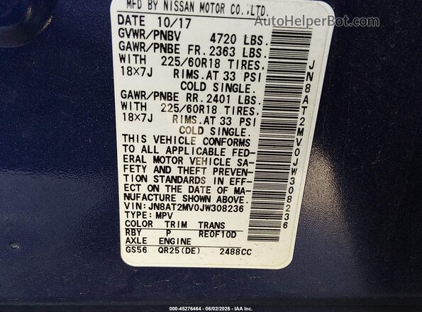 JN8AT2MV0JW308236 2018 NISSAN ROGUE Blue Շարժիչի բաժամունքի տեսք