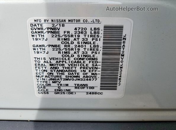 JN8AT2MV0JW324677 2018 NISSAN ROGUE White Вид наклейки з VIN-кодом