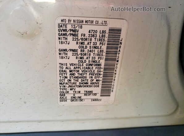 JN8AT2MV0KW391006 2019 NISSAN ROGUE White Вид наклейки з VIN-кодом