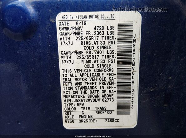 JN8AT2MV0LW102773 2020 NISSAN ROGUE Blue Շարժիչի բաժամունքի տեսք