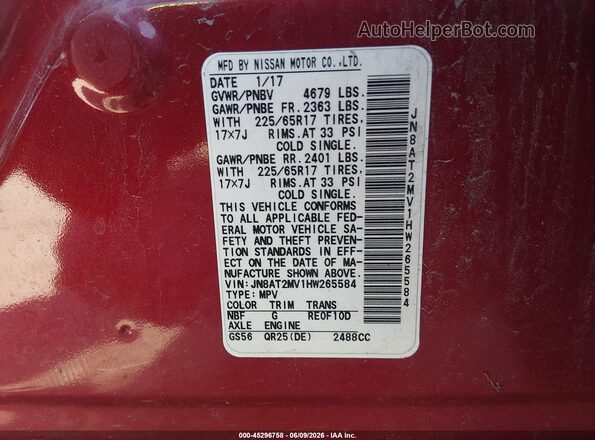 JN8AT2MV1HW265584 2017 NISSAN ROGUE Red Vista del compartimento del motor