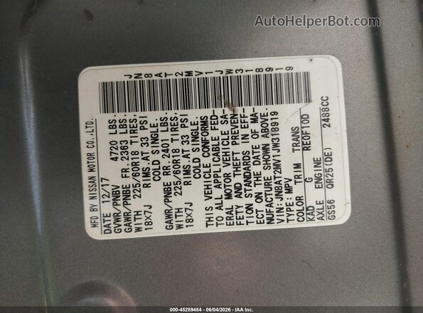 JN8AT2MV1JW318919 2018 NISSAN ROGUE Gray Vista del compartimento del motor