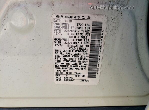 JN8AT2MV1KW371671 2019 NISSAN ROGUE White 