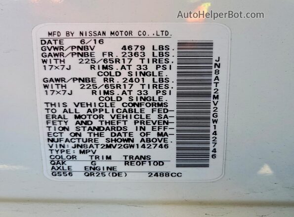 JN8AT2MV2GW142746 2016 NISSAN ROGUE White Вид наклейки з VIN-кодом