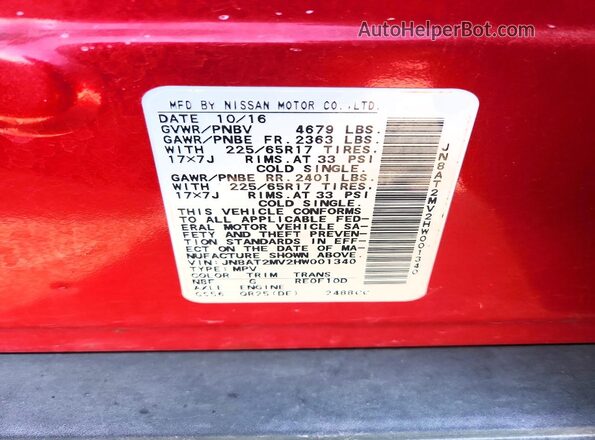JN8AT2MV2HW001340 2017 NISSAN ROGUE Red VIN sticker view