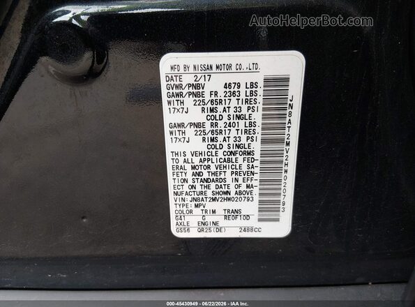 JN8AT2MV2HW020793 2017 NISSAN ROGUE Black Widok komory silnika